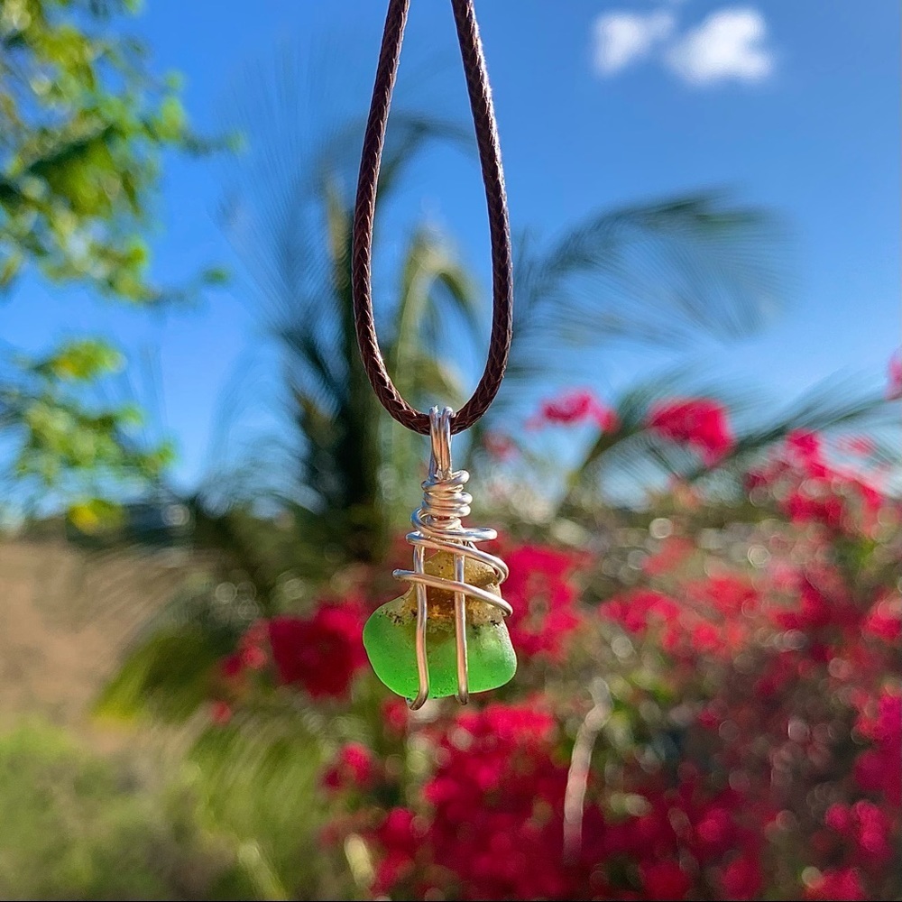 Bonfire green and brown sea glass wrapped necklace